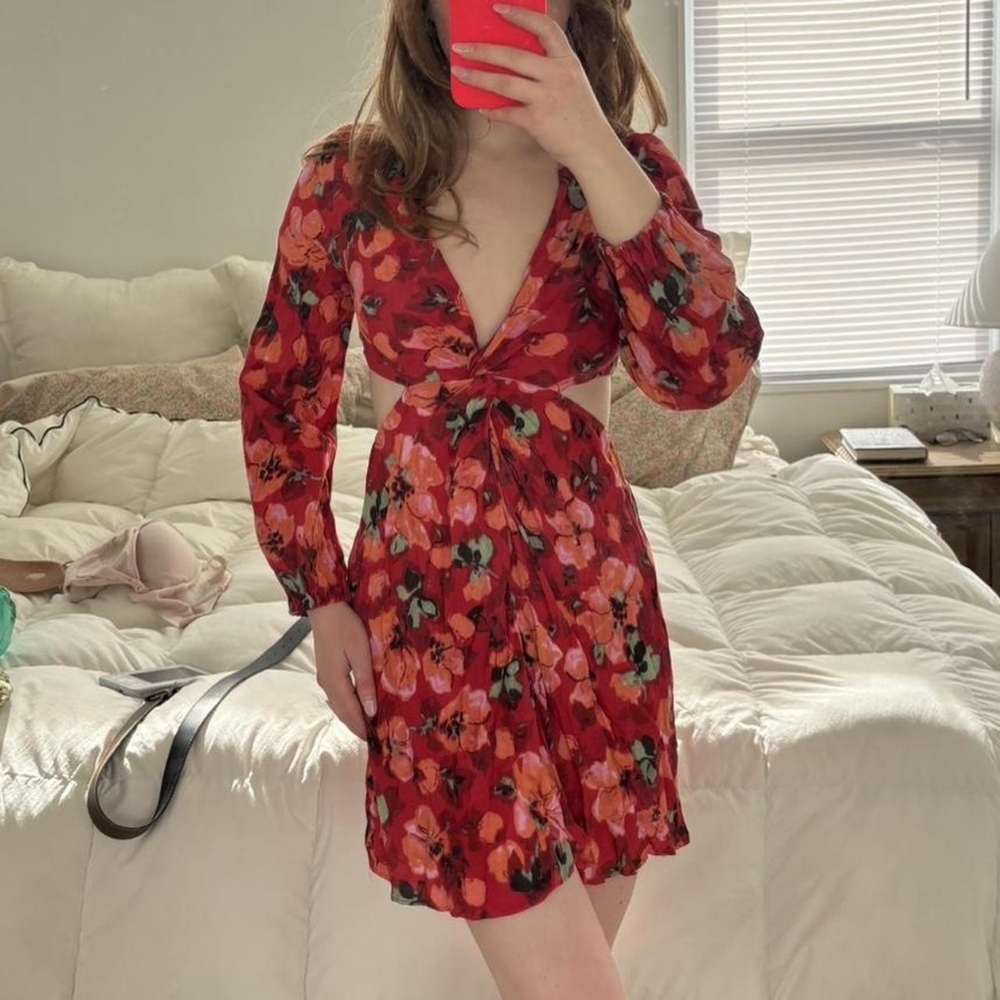 H&M Red floral mini cutout dress